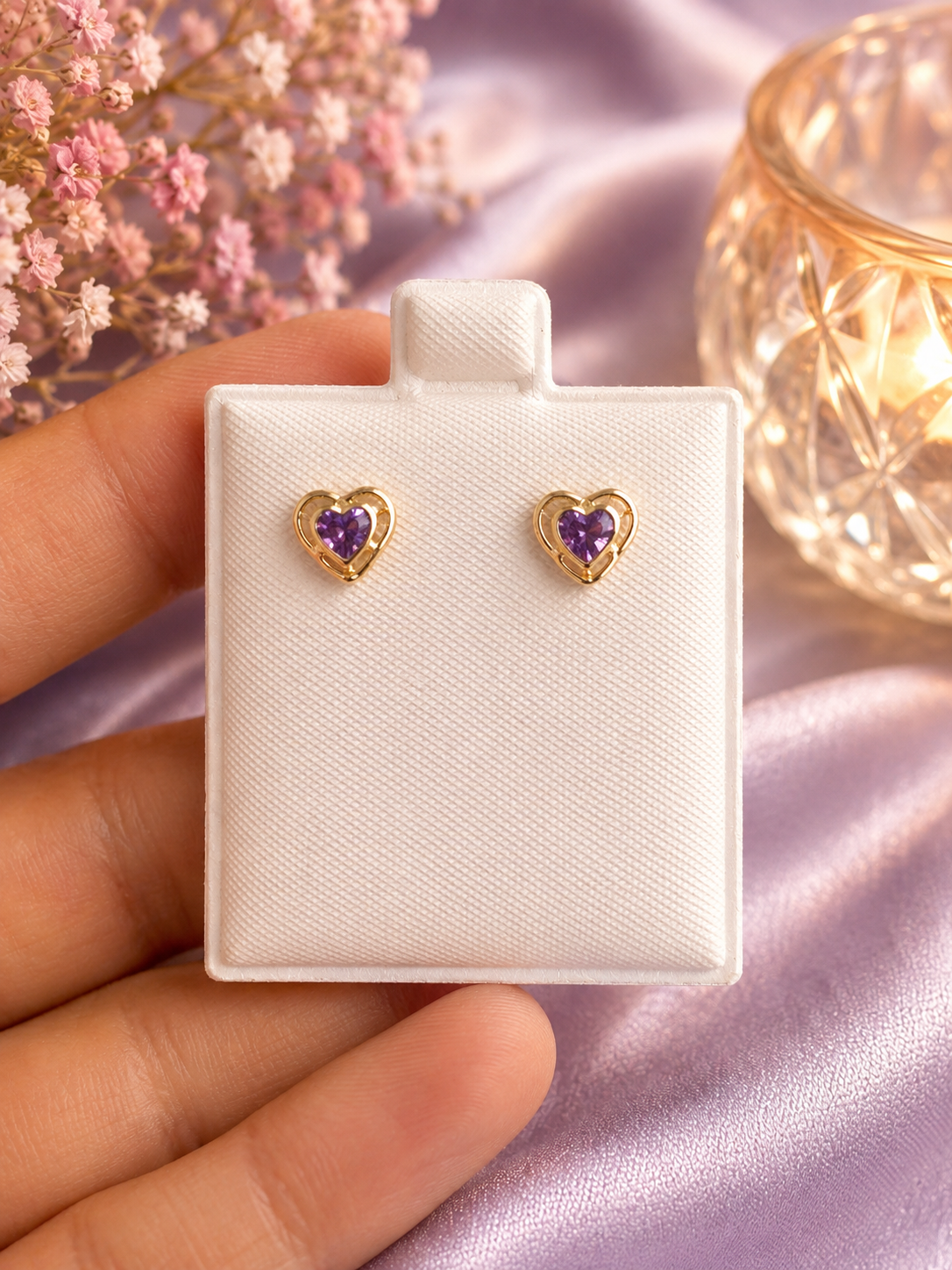 Pantallas de corazon violeta 14K