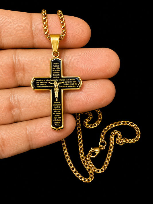 Cadena cubana con charms de Cruz con el padre nuestro size 18