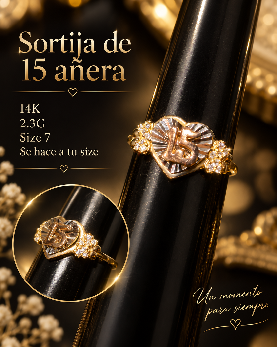 Sortija de 15 añera 14K 3 tono 2.3G size 7 se hace a tu size