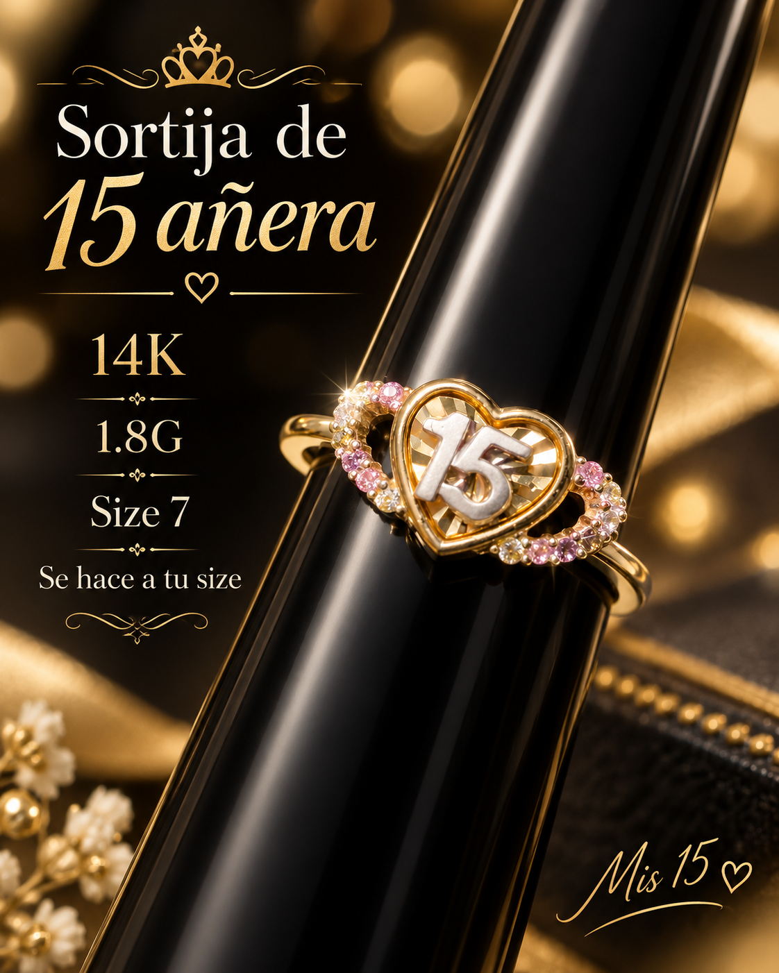 Sortija de 15 añera 14K 1.8G size 7 se hace a tu size